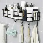 MorivaHomes Self-Adhesive Multipurpose Bathroom Shelf with Hooks/Towel Holder/Rack/Bathroom Accessories-Wall Mount - Pack of 1 (Black,Powder Coated)
