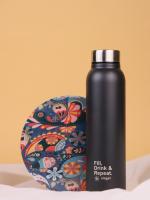 Zinger Amara Matt Black Stainless Steel Water Bottle with wooden Coaster 1000 ml Bottle (Pack of 1, Black, Steel)