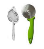 Stainless Steel Tea Strainer With Stainless Steel New Pizza Cutter and, Multicolour (Pack of 2)