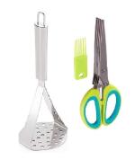Stainless Steel Big Potato Masher With Stainless Steel 5 Blade Scissor Vegetable Herb Scissor and Multicolour, Pack of 2