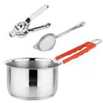 IDEAL PRIME Heavy Duty Stainless Steel Saucepan 1 liter Induction Bottom Tea Strainer Lemon Press Combo Set | Steel Tapeli Milk./Tea Pan Chai Channi Lemon Squeezer Kitchen Tool Pack Of 3
