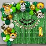 SpecialYou.in Jungle theme birthday decoration items kit combo of Fringe curtains, Animal foil balloon set, green balloons, gold chrome balloons, white balloons, One Number foil balloon and artificial palm leaves- 71 Pcs
