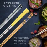 Hichaki 3 Pairs Stainless Steel & Wooden Chopstick - Reusable Chop Sticks for Noodles Sushi Hotpot Square Grip to Hold Food