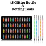 Royalkart 48 Bottle Nail Art Glitters & 5 Pcs Double Sided Nail Dotting Pen Great gift for Nail Art