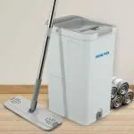 PRIME PICK Mop and Bucket with Wringer Set, Flat Floor Mop and Bucket, with 2 Microfiber Mops for Floor Cleaning, Wet and Dry Use for Household Cleaning - White