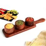 Urban Snackers Steel Wood Sauce Server Tray with 3 Dips Bowl