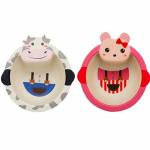 Crackles Bamboo Fiber Bowl Set - Cartoon Cow and Kitty Design Bowl Set for Kids, Pack of 2