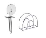 First front Stainless Steel SS Pizza Cutter With Stainless Steel Napkin Holder & Multicolour, (Pack of 2) l Kitchen Tools l Essential Kitchen Tools l Tools l Kitchen l Utensils l Stainless Steel Tools l Steel Kitchen Tools l Metal Tools