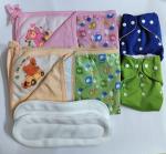 Maalove Combo of Baby Bath Towel with Waterproof Mattress Protector Sheet Pink Green 2 units and Cloth Diapers Green Blue with White Pads Pack of 2