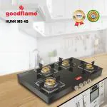goodflame Hunk 4 Burner MS Blk Toughened Glass 4 Brass Burner Gas Stove(Manual Ignition) Glass Manual Gas Stove