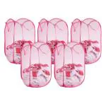 Kuber Industries Laundry Basket | Net Foldable Laundry | Nylon Storage Basket with Handle | Clothes Basket for Home | Hostel | Toy Storage | 20 Liter | Pack of 5 | Pink