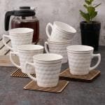 INDKRAFT Diamond Embossed GoldenLine Fine Tableware Bone China Tea Cups Set Of 6, 170 ML