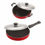 Nirlon Red Aluminium Non-Stick Fry Pan and Kadhai with Steel Lid (2.25 L+ 2.6 L)