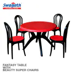 Swagath furniture Fantasy 4 Seater Plastic Cross leg Dining Table with 4 Nos Beauty without Arm chair for Home, Garden, Cafeteria (Finish Color -Red Top With Black Leg, DIY(Do-It-Yourself))