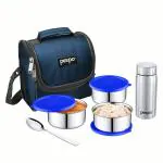 PEXPO Classic Stainless Steel Meal Box with 3 Containers (280ml Each), Water Bottle (400ml) & 1 Spoon - Blue | Office Lunch Box Set for Men & Women | BPA-Free & Portable