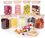 Square Spice Storage Containers With Bamboo Airtight Lid Small wooden Glass canister & Food Storage