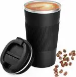 S Satisfyshop Insulated Vacuum Coffee Mug with Sipper & Straw Lid, Stainless Steel, Spill Proof, Anti Slip Bottom for Travel, Office, Hot & Cold Beverages