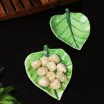 Jimkia Handmade Ceramic platters For Snacks Serving,Sweets And Salad Serving Tray Glossy Green (Natural Leaf) Sweets Tray,Table Top Decor Platter And Food Presentation Tray, Microwave & Dishwasher Safe (PACK OF 2) Tray (Pack of 2, Microwave Safe)