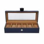 Leather World 6 Slot PU Leather Men Watch Box Display Case Organizer Glass Women Jewelry Storage Blue