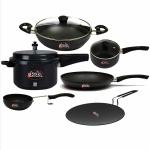 Skala Hard Anodized [Non-Induction] Family Pack of 5Ltr Cooker|Kadai 28cm|Sauce Pan 16cm|Tadka Pan 12cm|Fry Pan 26cm|Concave Tawa 30 cm 5mm |