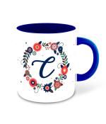 Whats Your Kick Alphabet C Flower Design Printed Dark Blue Ceramic Coffee Mug Tea Mug 325 ML