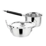 Prabha High Quality Stainless Steel Induction Friendly Ascent Cookware Set- 2 Pieces, Silver Kadhai With Lid, Saucepan With Lid