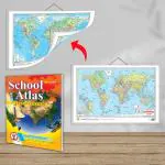 GOWOO 2 IN 1 WORLD POLITICAL AND PHYSICAL MAP IN HINDI and SCHOOL ATLAS LATEST EDITION (ENGLISH) - ART PAPER | Set of 1 Chart + 1 Atlas | World Political and Physical Map Combo: Latest Edition School Atlas (English) on Art Paper.