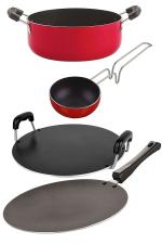Nirlon 4 pcs of Red, Black Non-stick Aluminium Kitchen Cookware Set with Bakelite Handle Standard
