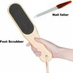 Lenon Beauty Double sided flat foot scrubber skin callus remover pedicure tool with wooden handle and hanging hook with nail file manicure tool for men and women (2 Items in the set)