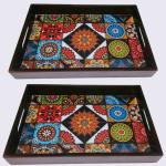 ANGIRA HANDICRAFTS Handmade Wooden Tray with Handprinted Designs Serving Trays Set of 2 Tray