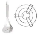 URBAN BUY Stainless Steel Potato Masher With Stainless Steel Kadai| Cooker Stand and Multicolour, Pack of 2