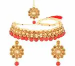 Gyaan Jewels Handmade Gold Plated Brass Necklace, Earring and Maang Tikka Set Red (Women, Girls) Free Size