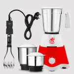 Fogger Star 500 W Mixer Grinder (3 Jars, Red) & 1000 W Regular immersion Heater Rod (Black)