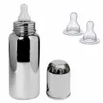PGD Plain Silver Stainless Steel Baby Feeding Bottle with Extra 2 Silicon Nipple (0-24 months) - 220 ml