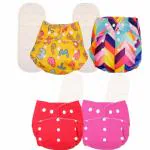 Deedry Oeko-Tex Certified Washable & Reusable Diapers with Adjustable Snap Buttons (One Size Perfect Fit), comes with Absorbent Inserts/Pads- (3Months- 3Years) (2 Solid + 2 Print Diaper)