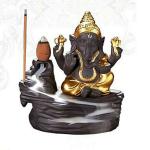 Craftam Brown Gold Poly Resin Ganesha Smoke Fountain Backflow Waterfall Cone Incense Holder with 20 Free Backflow Cones