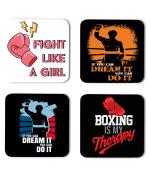 Whats Your Kick Boxing Fight Like A Girl Quotes Printed Set of 4 Coaster With Metal Stand