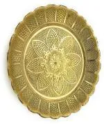 SHLINCO Handmade Brass Puja Thali with Flower Embossed Design, Brass Pooja Plate Brass (1 Pieces, Gold)