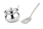 BLUE WONDER Stainless Steel Multipurpose Ghee Pot/Pickle Container with Spoon With Stainless Steel Pure Egg Palta Spoons and (Multicolour, Pack of 2)