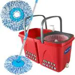 Primeway Polypropylene Twin Double Bucket w/Handle 360 Rotating Magic Spin Mop Floor Cleaning Set with 2 Microfibre 38cm 130g Blue Refills | 6 LTR | Red