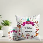 ASHVAH White Round Happy Birthday Pranali Ceramic Coffee Mug and Cushion with Filler Combo Gift (Pack of 2) AS-D3COMBO-Pranali-W