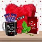 Midiron Beautiful Romantic Gift Hamper For Love One/Wife/Girlfriend |Anniversary, Birthday Gifts For Lover With Chocolate Bars, Heart Red Cushion, Printed Ceramic Mug , Artificial Rose & Greeting Card