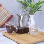 AMORA Glass Tea Kettle with Infuser and 4 Double wall Glass Cups