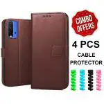 RJR Xiaomi Redmi 9 Power, Poco M3 Leather Flip Cover | Wallet Style Back Case| Magnet Closure | inbuilt Stand ( Combo Offer 4pcs Cable Protector)- Brown