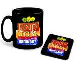 Whats Your Kick Find Joy In The Ordinary Printed Black Patch Ceramic Coffee Mug with Coaster Tea Mug 325ml