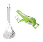BLUE WONDER Stainless Steel Big Potato Masher With Steel Blade Plastic Body Bhindi Cutter and Multicolour, Pack of 2