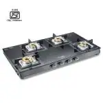 Prestige Vectra 4 Burners Toughened Glass Gas Table|Powder Coated Body|Jumbo Brass Burners|Unique Pan Support|Cleaning Stand, Lighter & Holder|3 Way Gas Inlet|Black