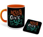 Whats Your Kick Never Give Up Qoute Orange Printed Ceramic Coffee Mug with Coaster 325 ml