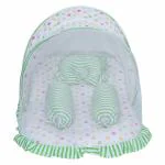 Superminis Green Cotton Dual Prints Of Dots And Stripe Baby Bedding Set Thick Base, Foldable Mattress, Both Side Zip Closure Mosquito Net With 1 Head And 2 Side Pillows (12-18 Months)