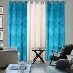 Grihshobha Cream and Aqua Damask Print Velvet Window Curtain (182.9 x 121.9 cm) (Pack of 3)